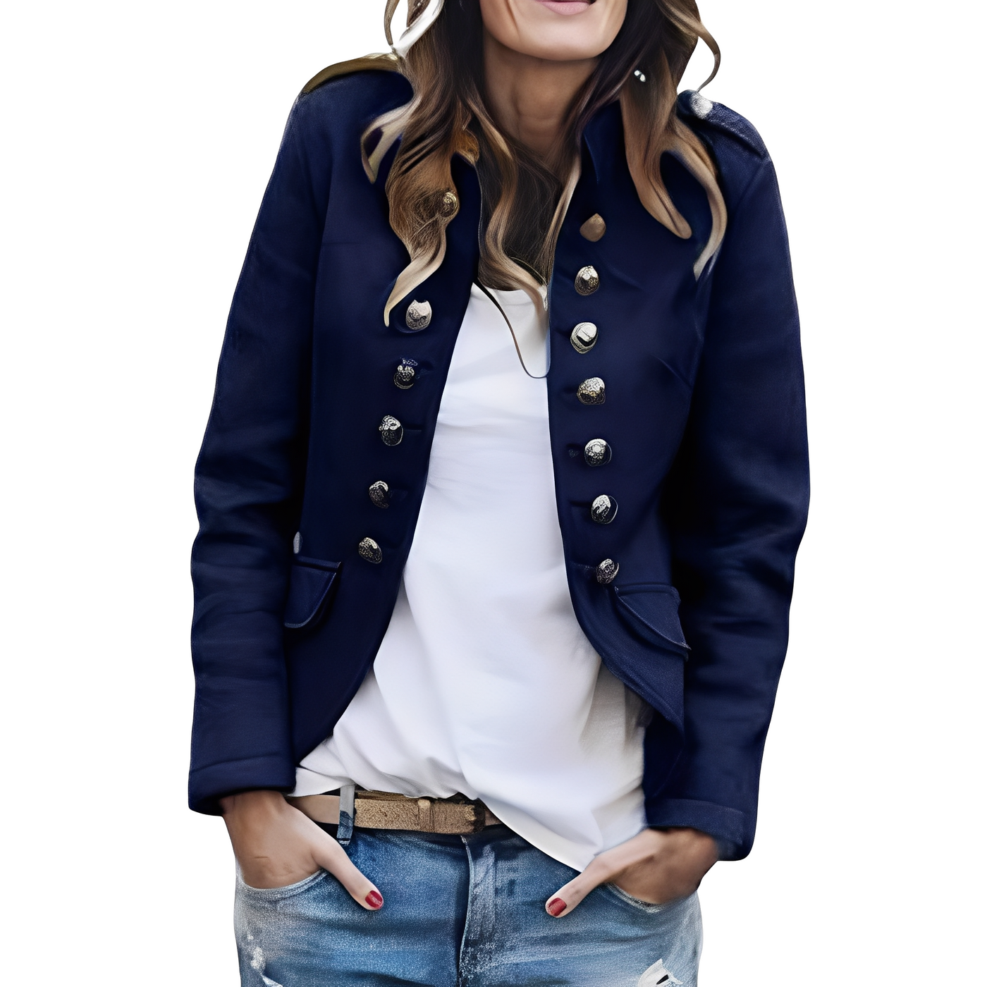 Rhoda - Chic Women's Blazer with Stand-Up Collar in Dark Blue