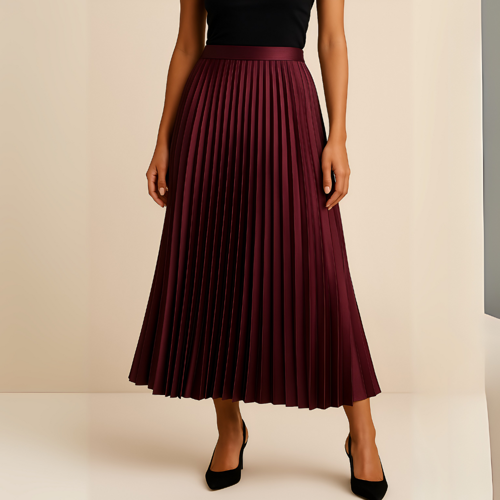 Inez – Pleated Midi Skirt with High Waist in Black