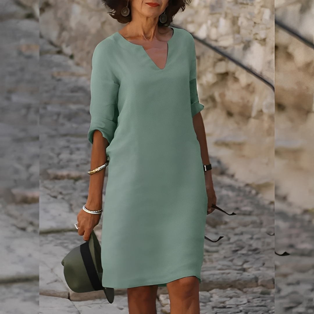 Guilaine - Sophisticated V-Neck Dress for Women in White