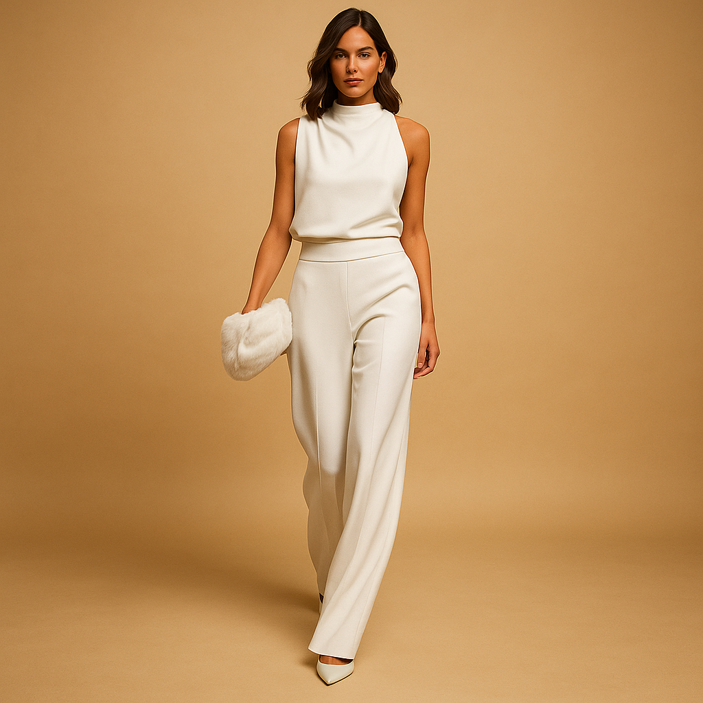 Ruffa – Chic Women's Halterneck Jumpsuit with Elegant Flow in White